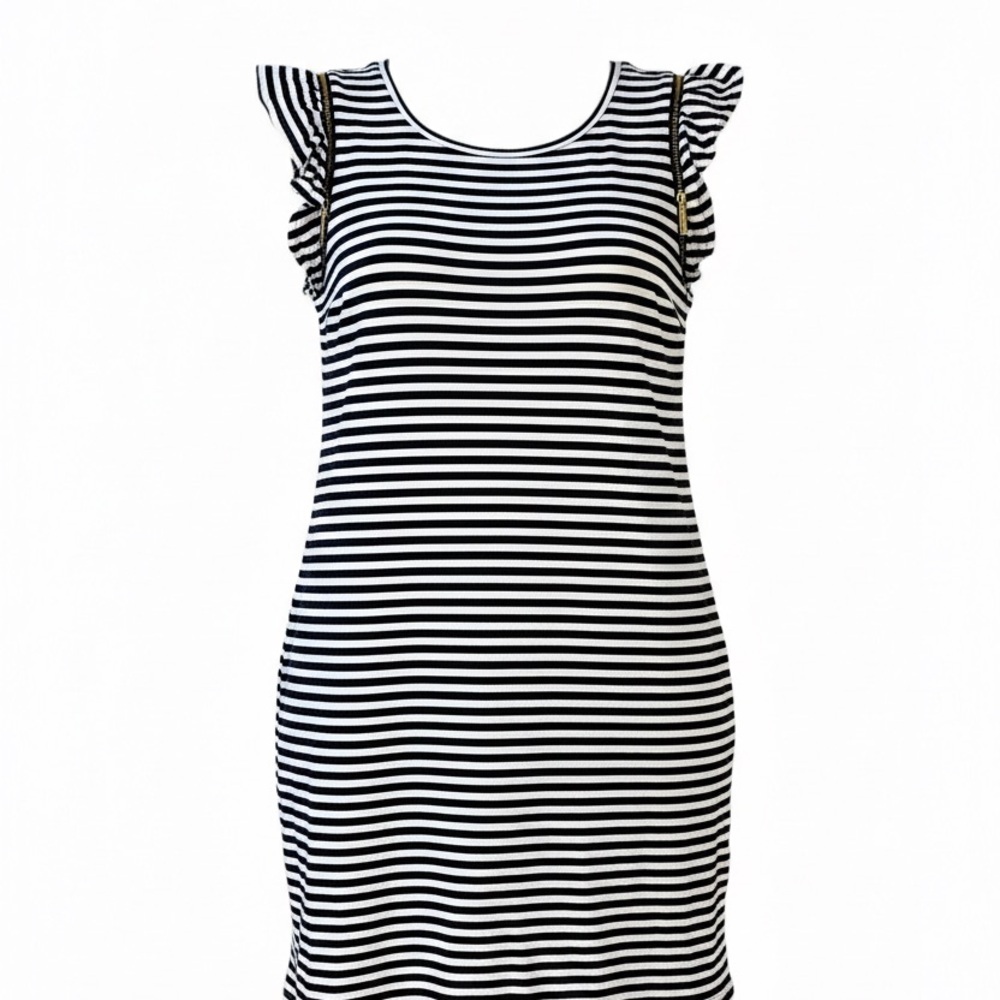 Michael Kors Navy White Striped Knit Dress Size L Gold Zip Sleeve Detail